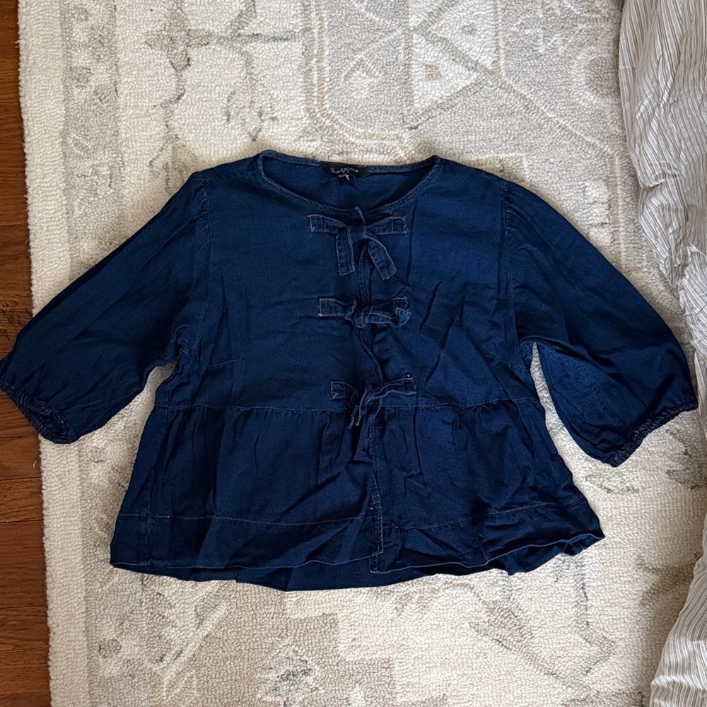 Velvet Heart Denim Tie-Front Peasant Blouse
